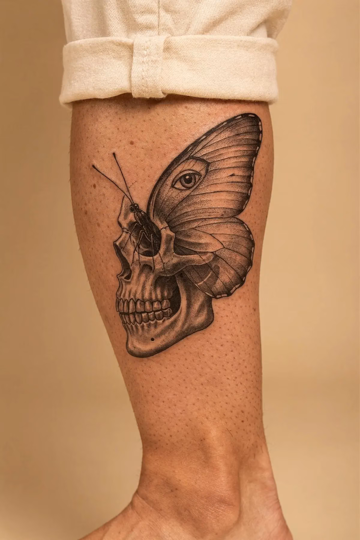 Ein vertikales Wade-Tattoo: linke Gesichtshälfte als Schädel, rechte als Schmetterlingsflügel mit Antenne.