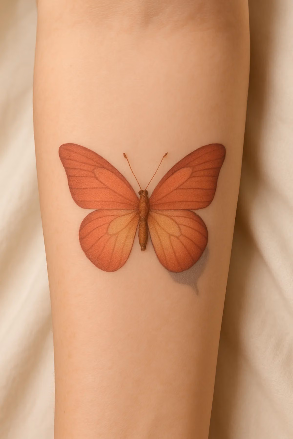 Farbiges Schmetterling-Tattoo in mattem Terrakotta und Altrosa auf der Unterarminnenseite, mit feinen Linien und tätowiertem Schatten