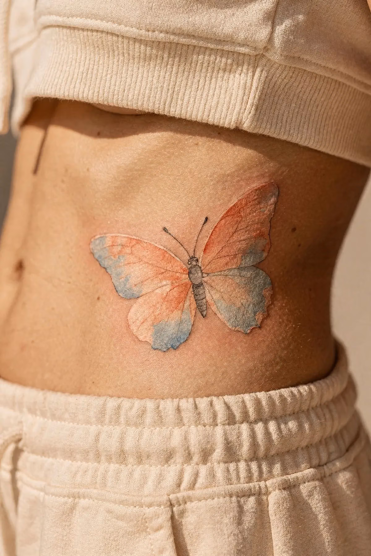 Seitenansicht eines Aquarell-Schmetterling-Tattoos in Koralle, Pfirsich und Hellblau über zwei Rippen.