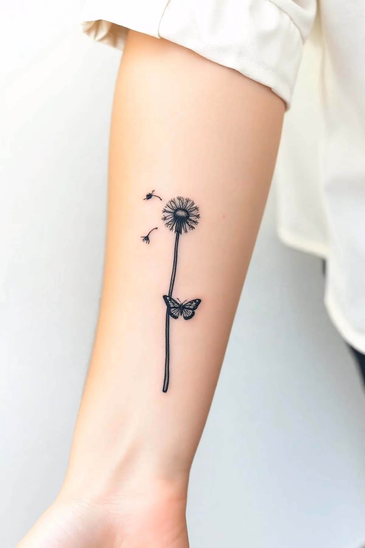 Detailaufnahme einer Pusteblume mit Stiel, dichtem Kopf und zwei sich lösenden Schirmchen