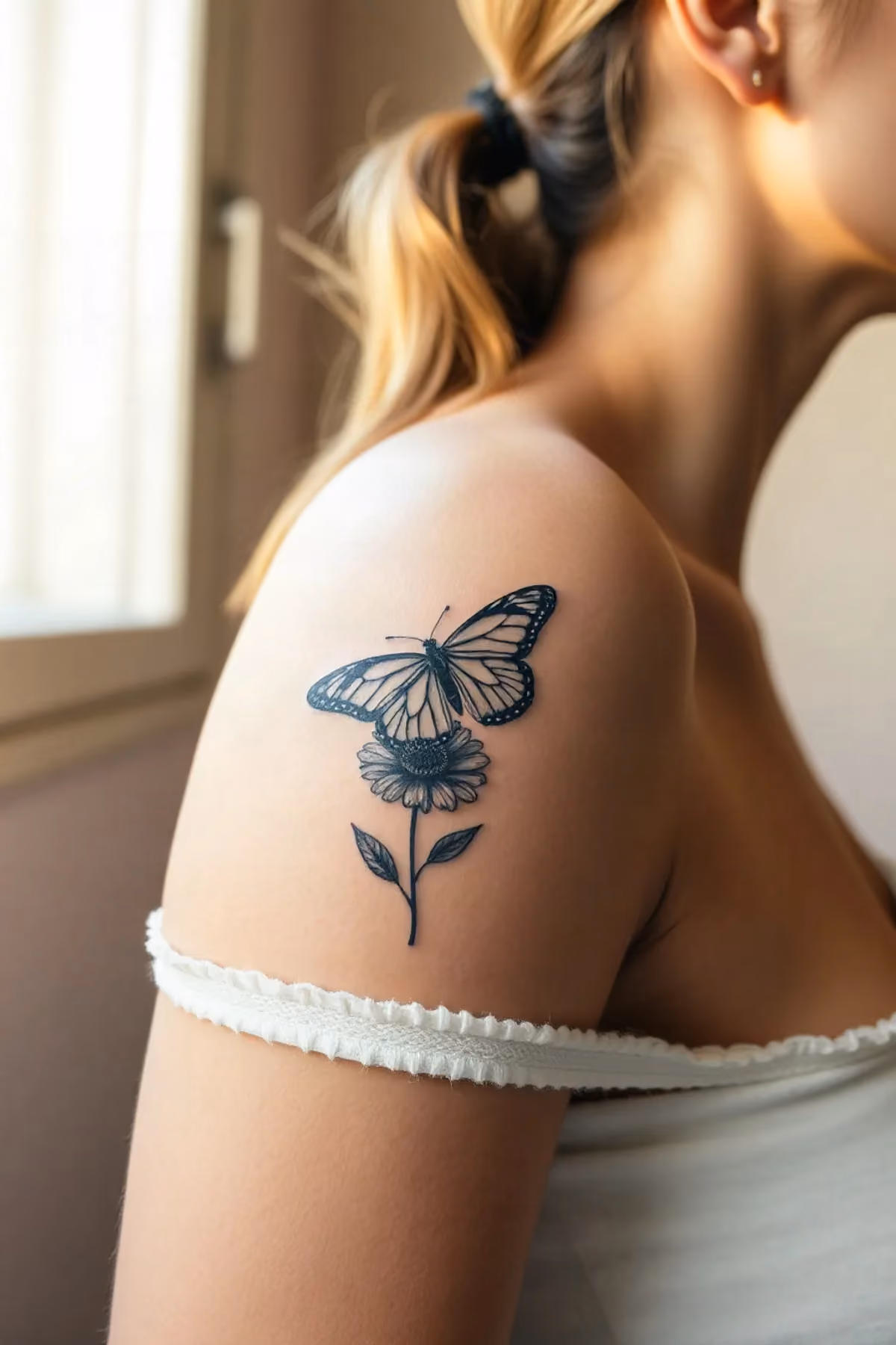 Falter auf einer Blüte, beide mit weichen Grauverläufen schattiert