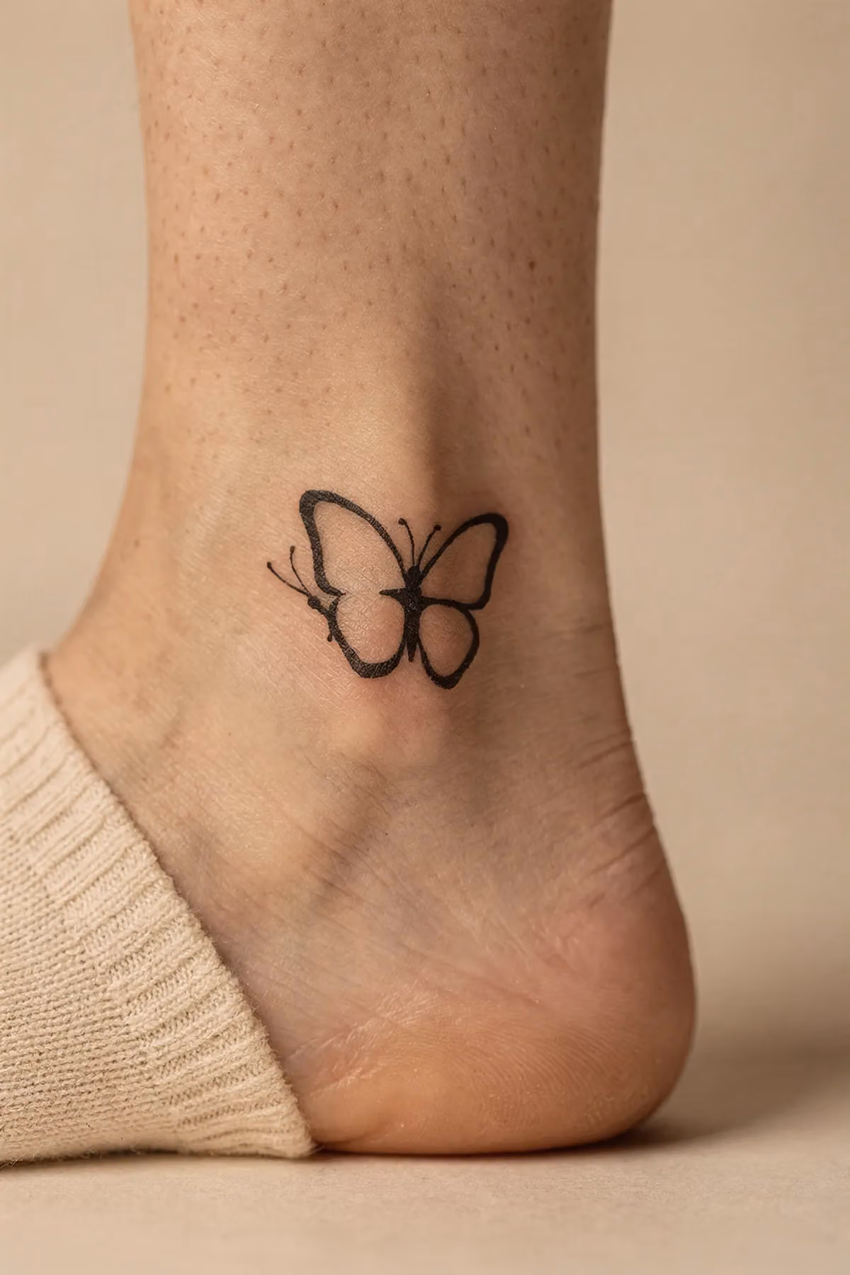 Kleiner, minimalistischer Schmetterling als einfache schwarze Umrisszeichnung auf dem äußeren Knöchelknochen.