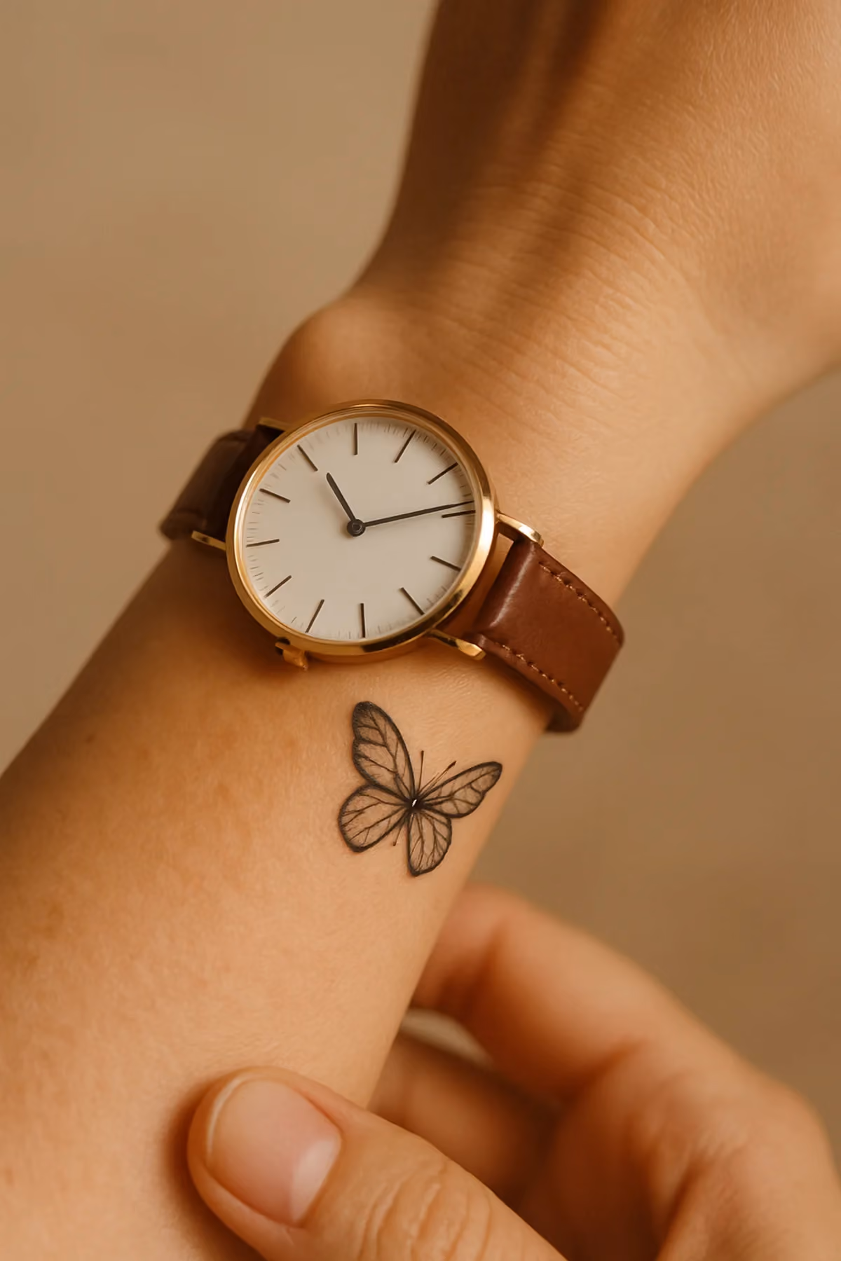 Schmales Uhrarmband und ein kleiner Falter am selben Handgelenk