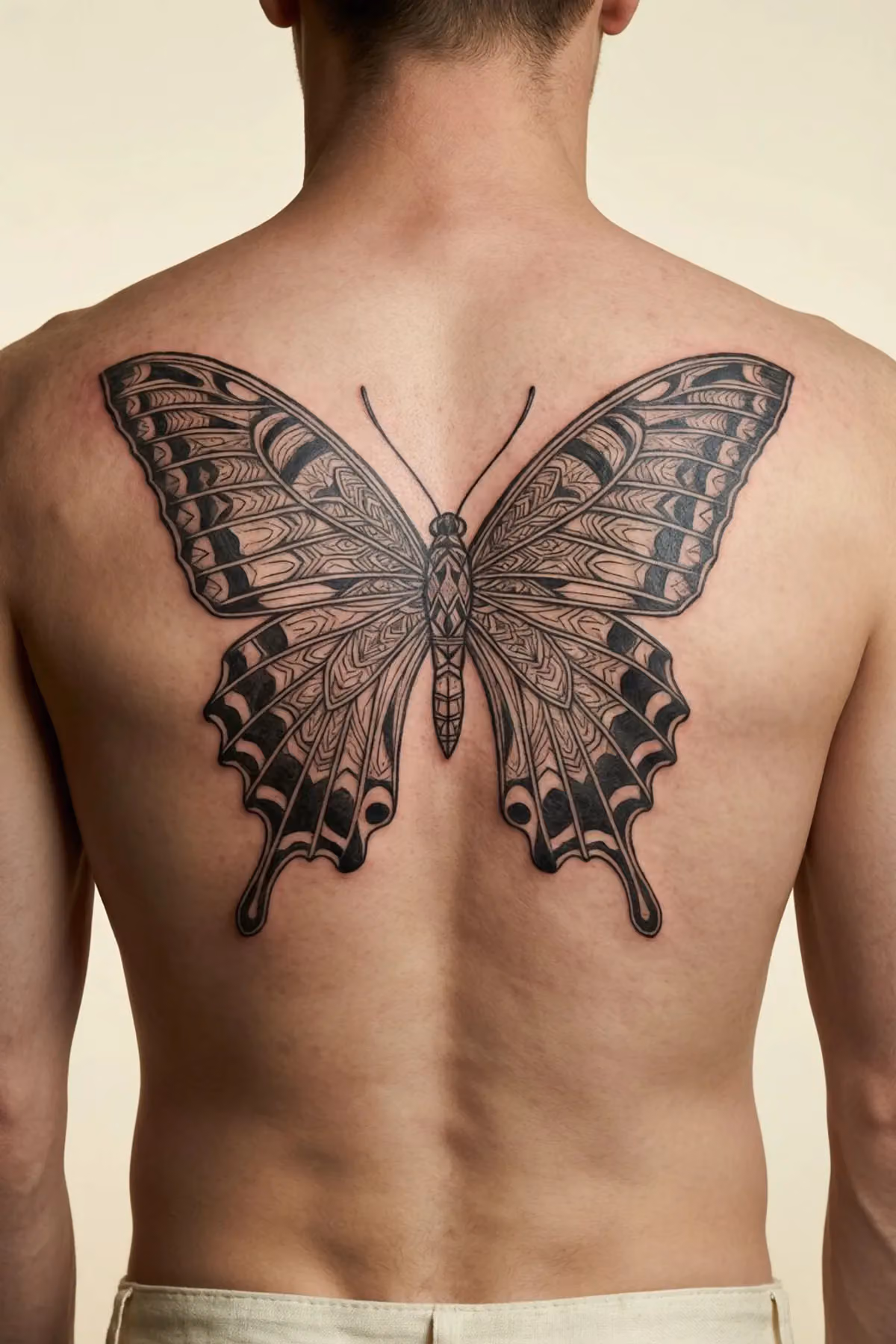 Großes geometrisches Mandala-Schmetterling-Tattoo zentriert auf einem männlichen Rücken