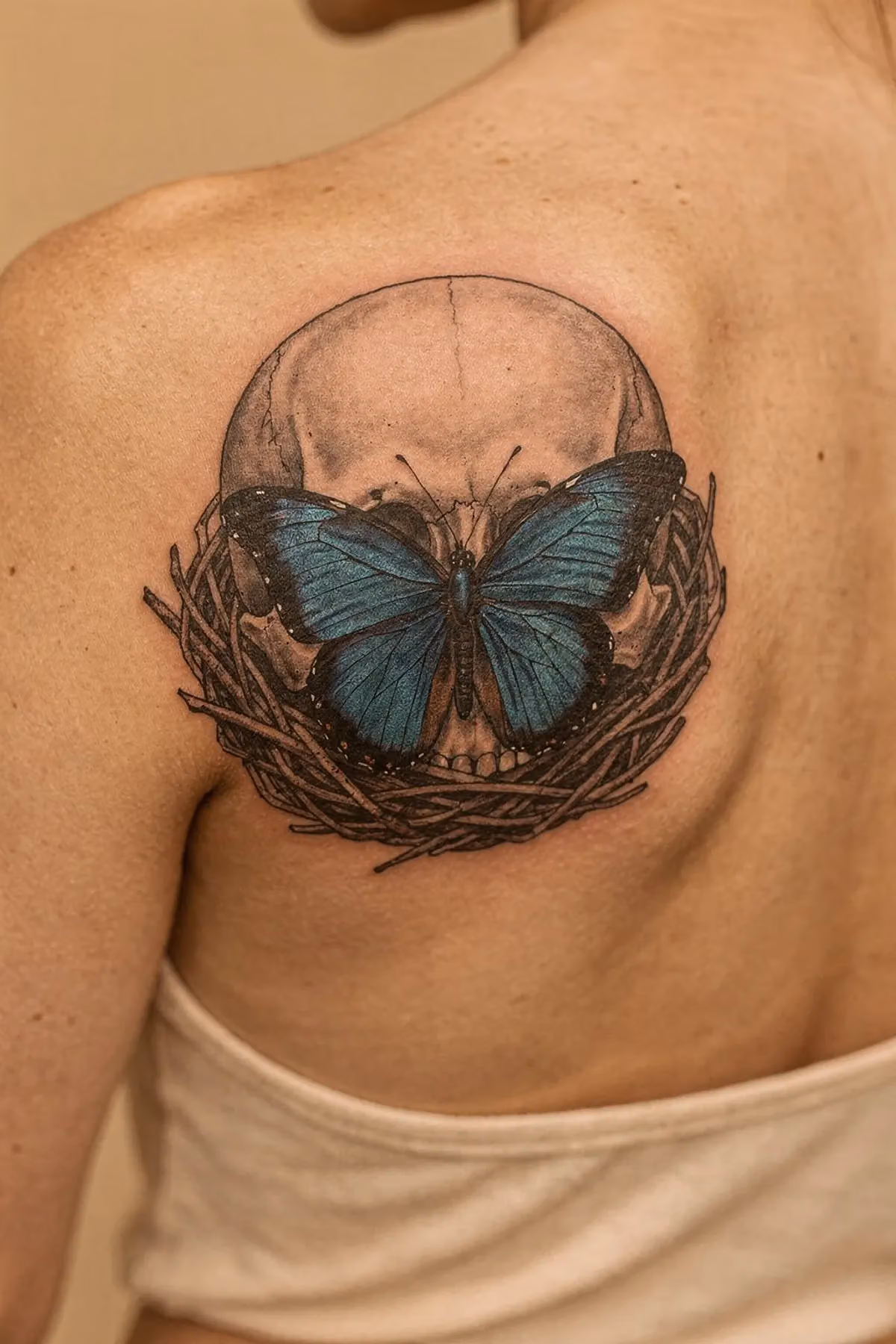 Ein Schulterblatt-Tattoo: schwarz-grauer Schädel ohne Unterkiefer bildet ein Nest für einen blauen Morphofalter.