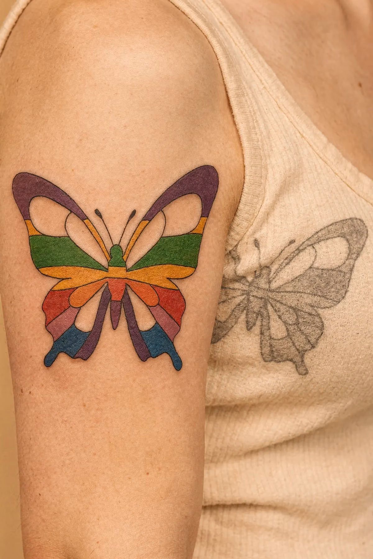 Schmetterlings-Tattoo an der Seite mit segmentiertem Regenbogen und Negativraum, Graustufen‑Mockup