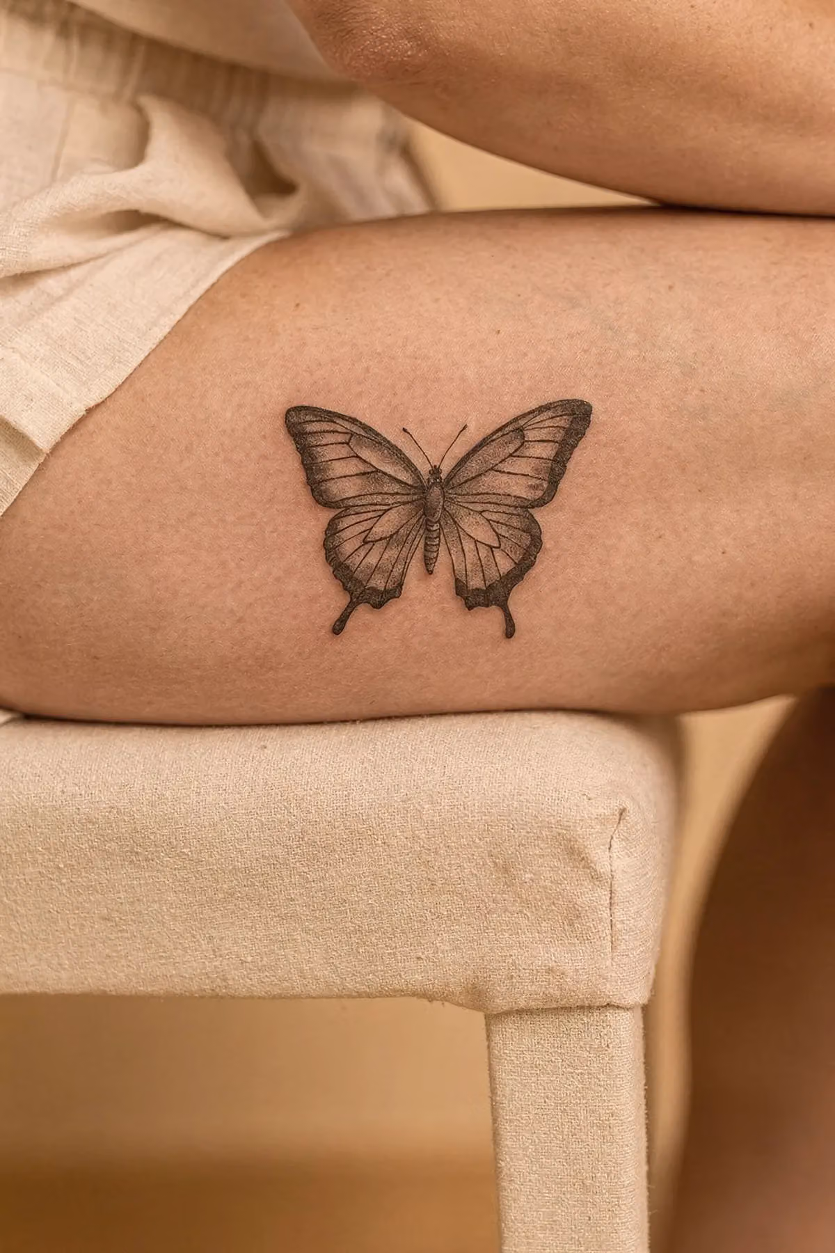 Schmetterling Tattoo am Oberschenkel im Sitzen, der Schenkel liegt flach auf einem Leinenhocker, ein Unterarm ruht darüber