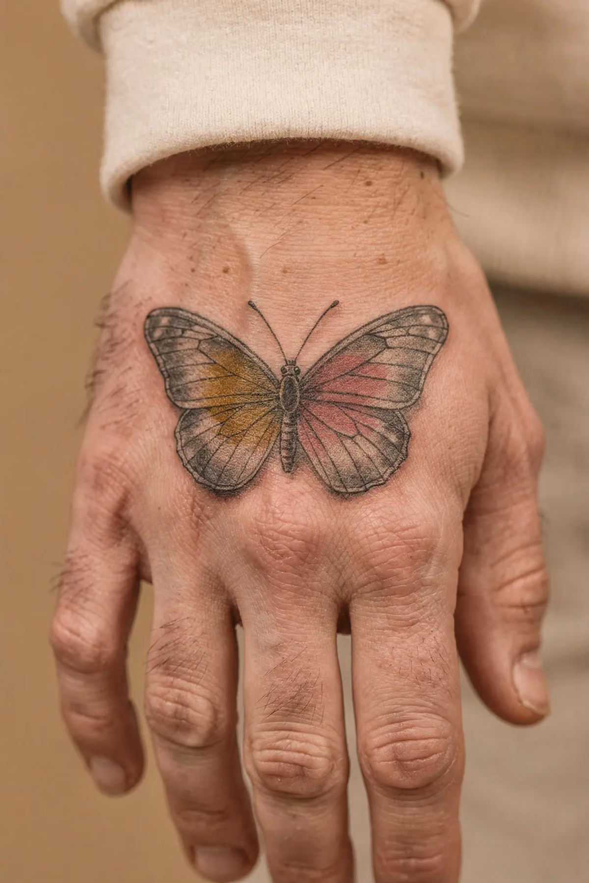 Rechte Hand, realistisch halbgeöffneter Schmetterling mittig auf dem Handrücken mit Schattierung.
