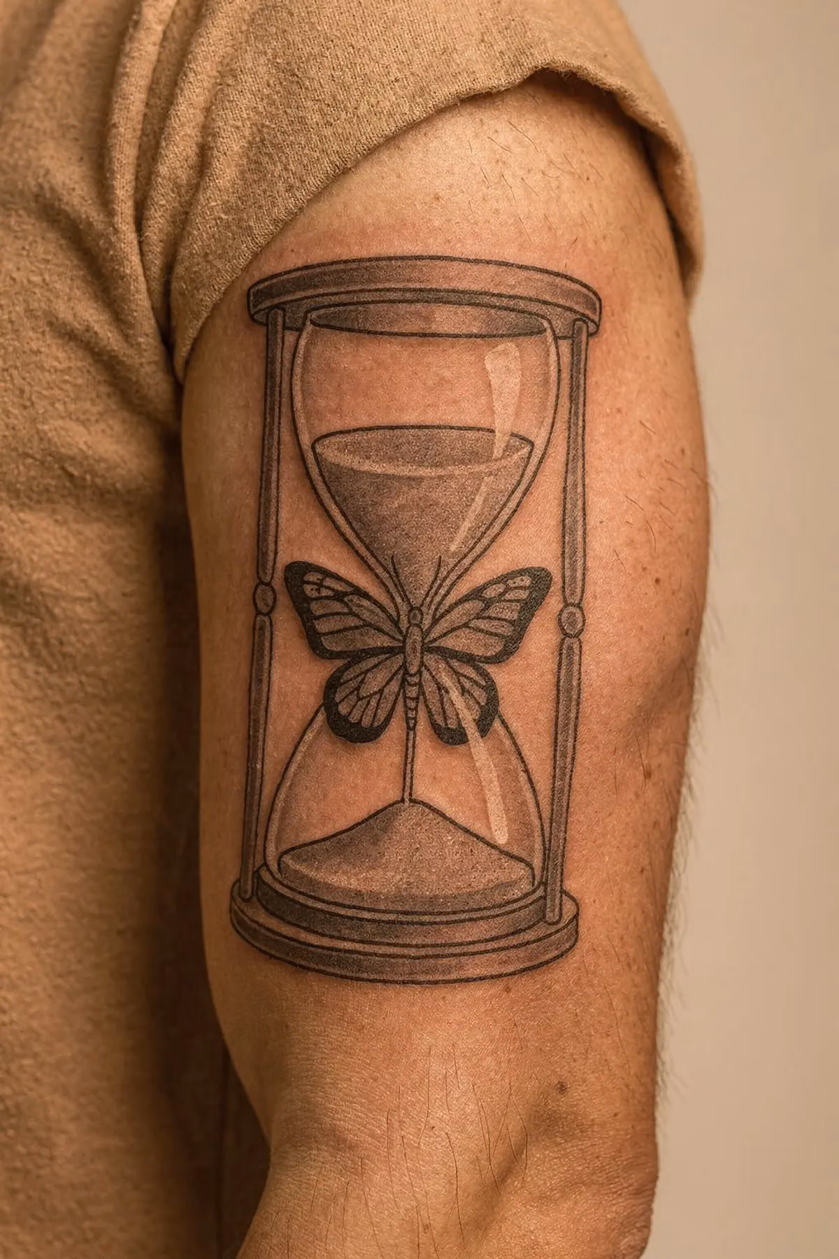 Oberarm-Tattoo einer Sanduhr mit Schmetterling in der Glaskammer und Flügeln am Glas.