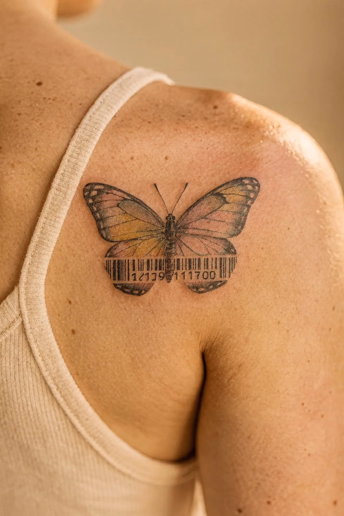 Schmetterling auf Schulterblatt mit barcode‑ähnlichen vertikalen Linien im Flügel.