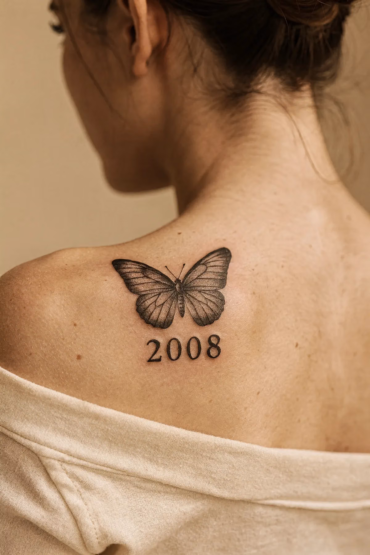 Schwarz‑grauer Schmetterling mit Flügeladern über Serif‑Zahlen 2008 am Schulterblatt