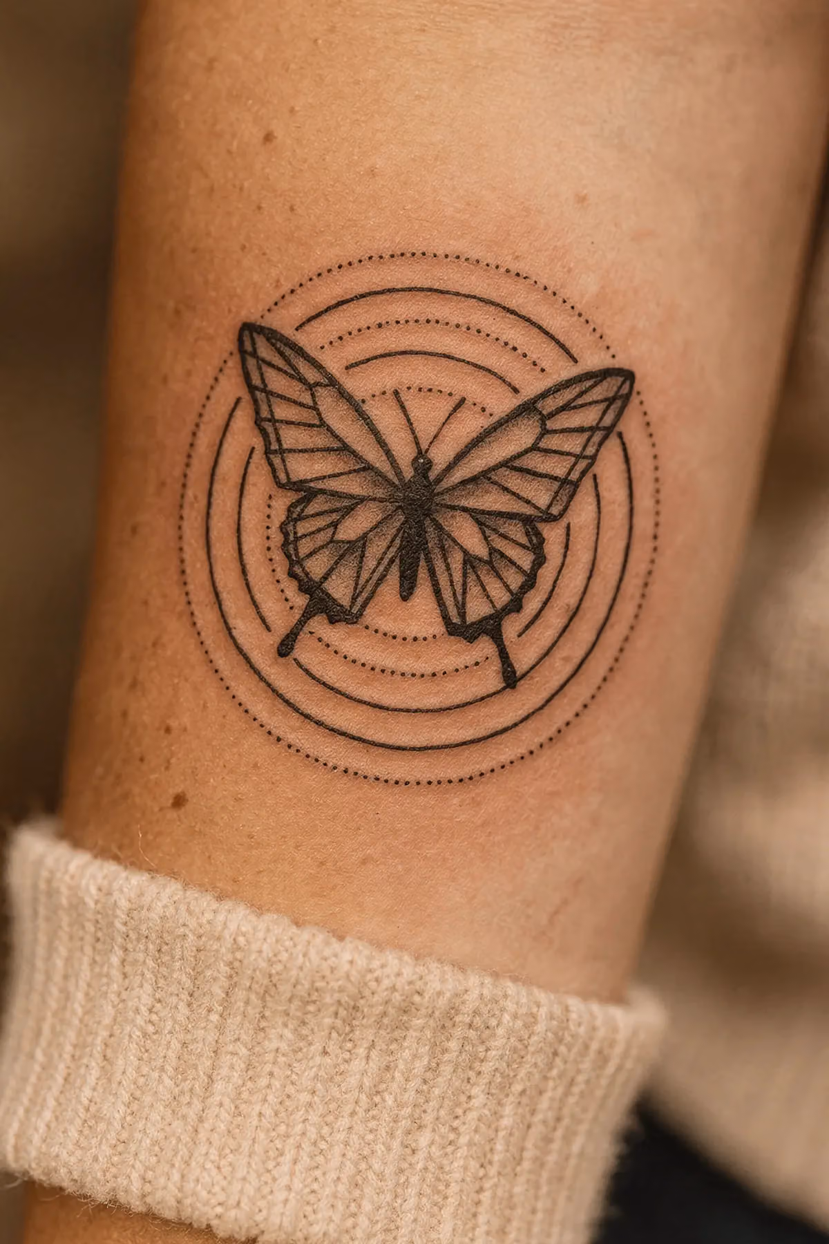Ein Schmetterling auf dem Unterarm, umgeben von konzentrischen Kreisen, die Bewegung suggerieren.