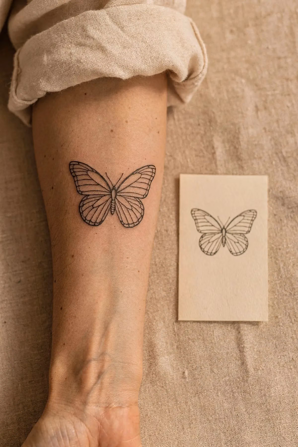 Dasselbe Motiv als Zeichnung auf einer kleinen Karte und als verheiltes Feinlinien-Tattoo am Unterarm
