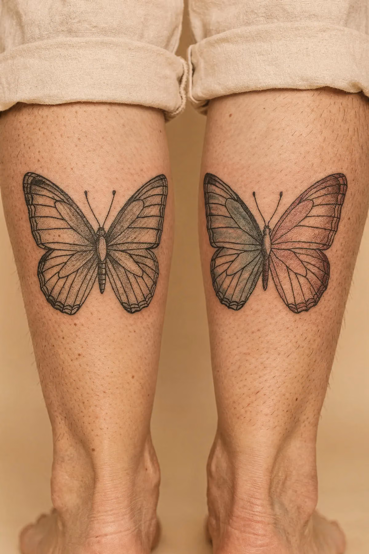 Untere Beine von hinten mit jeweils halbem Schmetterlingstattoo auf den Waden.