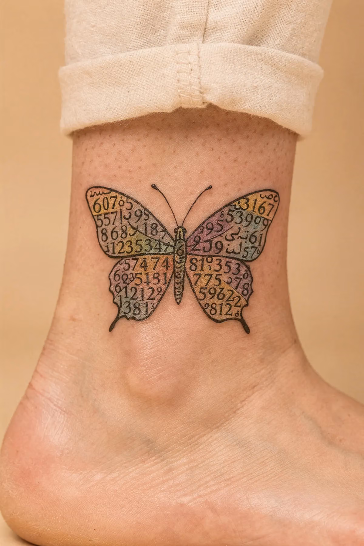 Schmetterling am Knöchel mit Flügeln aus Mosaik winziger Ziffern.