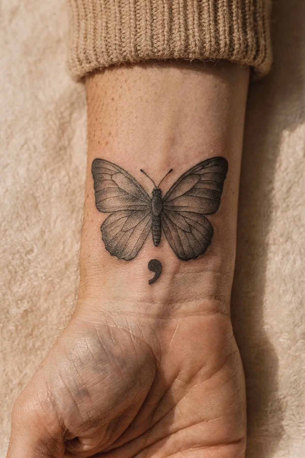 Inneres Handgelenk mit einem Schmetterling-Tattoo: Semikolon-Körper, zart grau getuschte Flügel, darum ein verblasster Heilungssaum