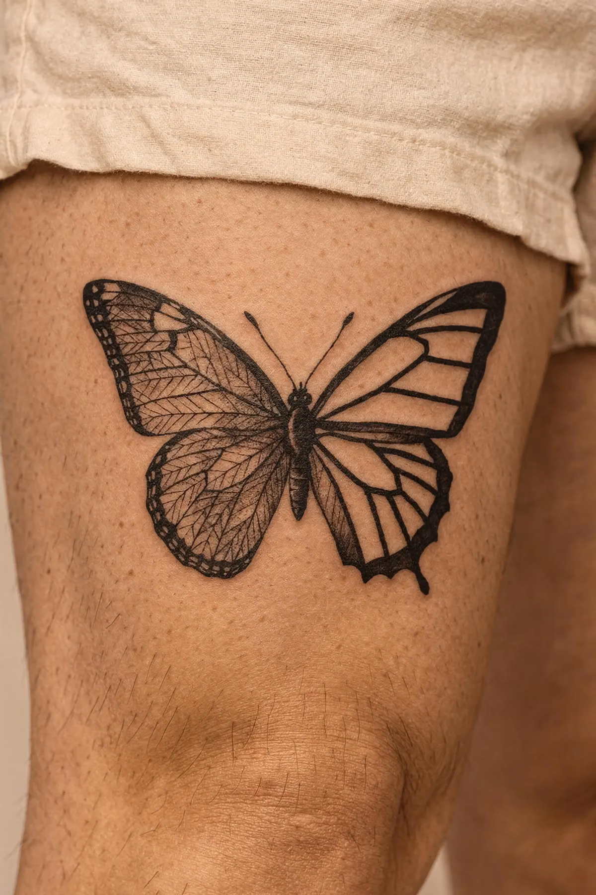 Ein Schmetterling auf dem Oberschenkel, dessen eine Hälfte realistisch, die andere geometrisch abstrakt ist.