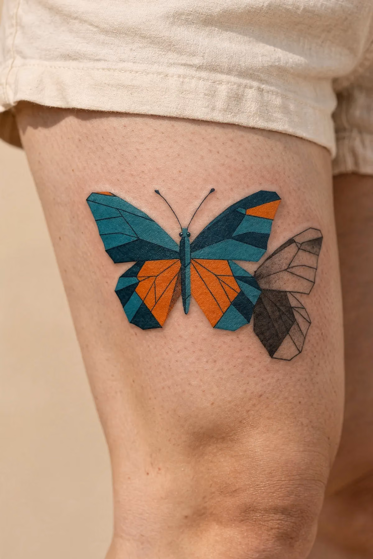 Schmetterlings-Tattoo am äußeren Oberschenkel mit petrol‑ und orangefarbenen geometrischen Segmenten, Graustufen‑Vergleich