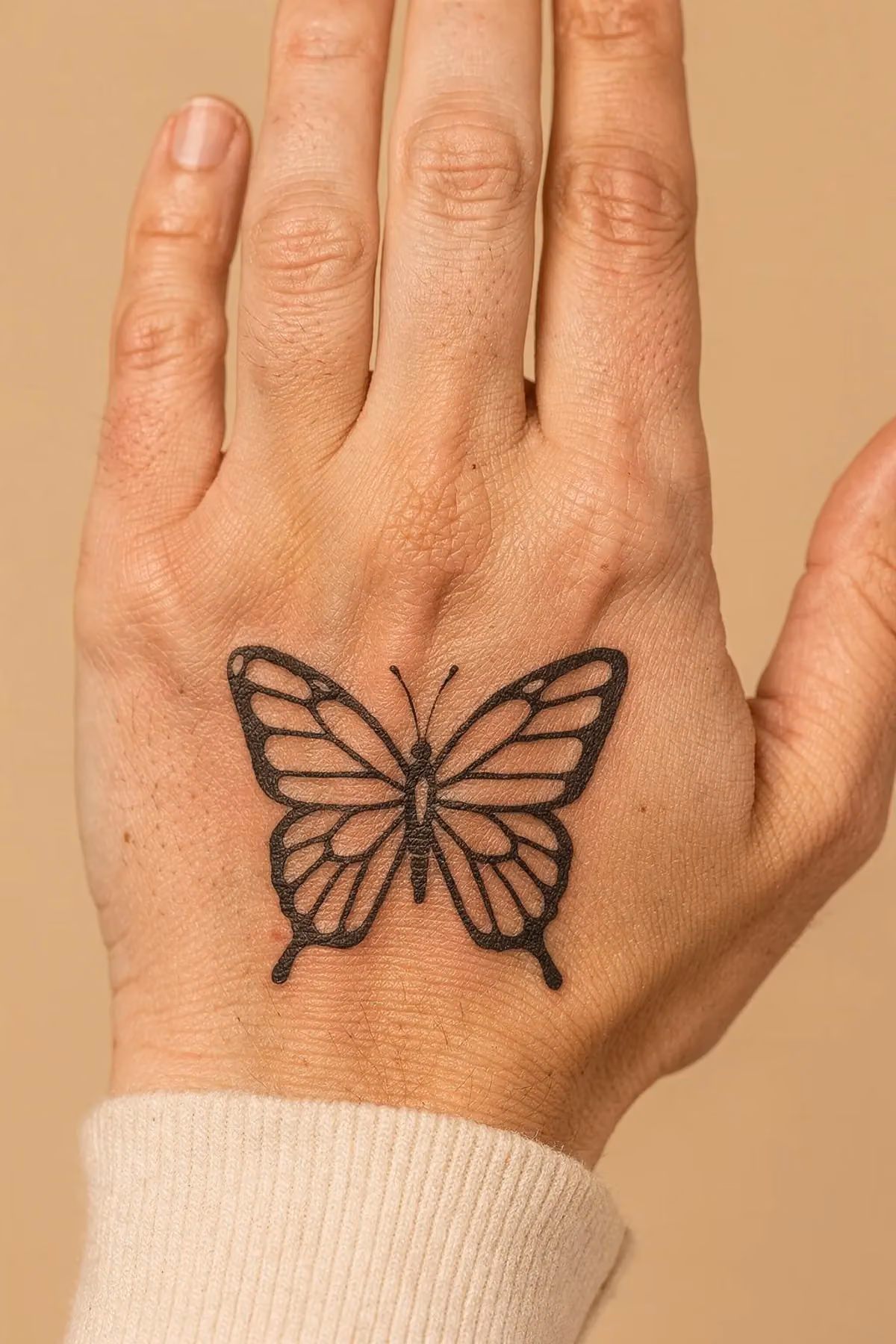 Linke Hand, geometrischer Negativraum-Schmetterling zwischen Daumenbasis und Handfläche.