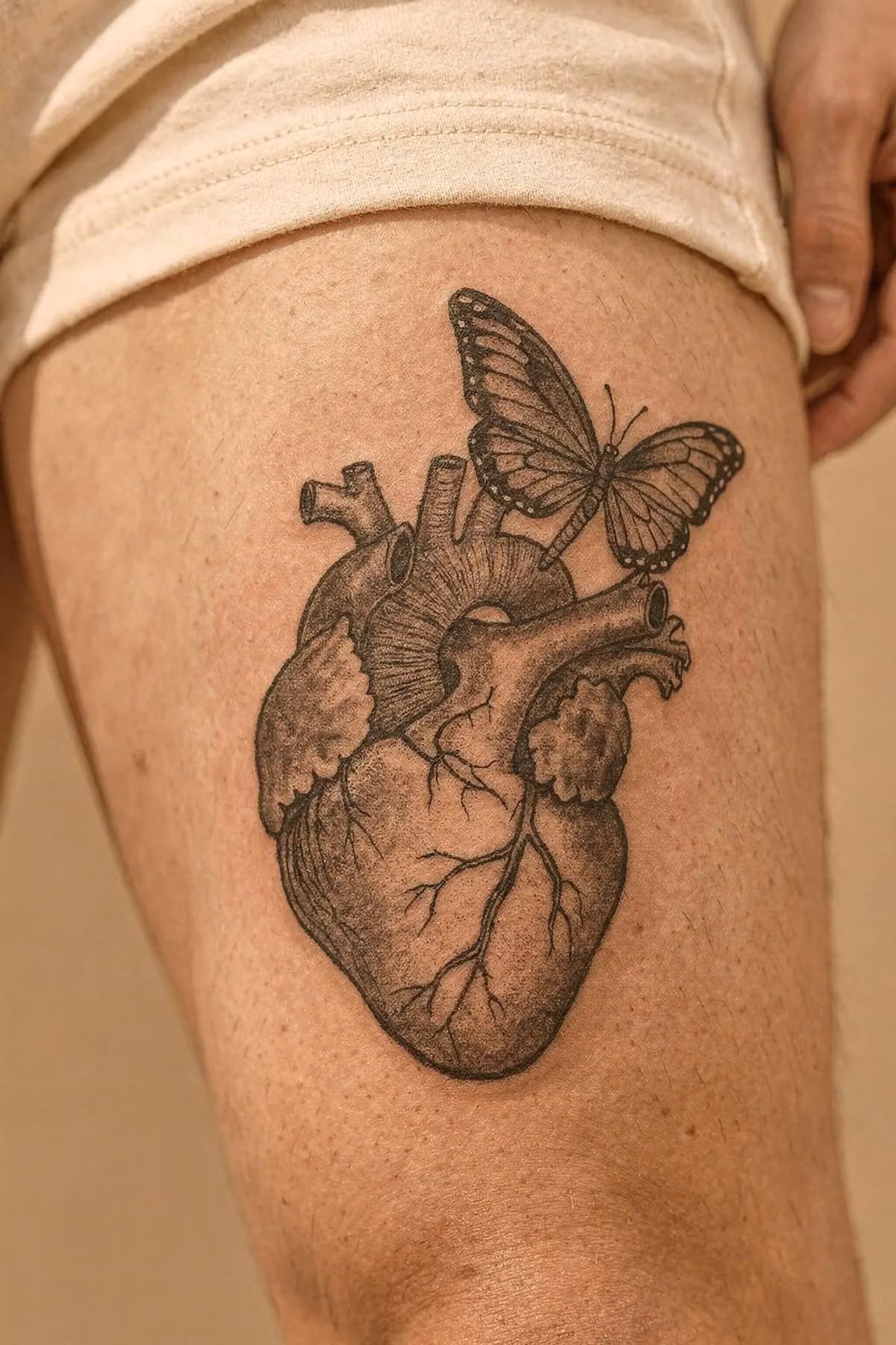 Anatomisches Herz-Tattoo am Oberschenkel mit Schmetterling, der aus der Aorta tritt.