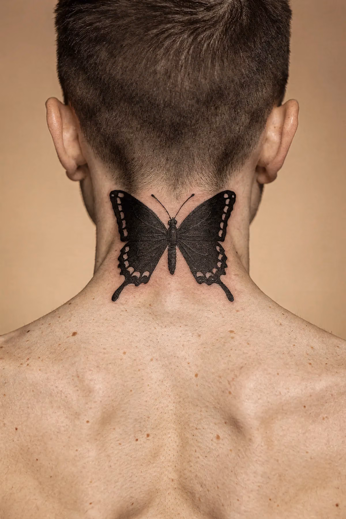 Zwei identische Schmetterlings-Tattoos mit klaren Linien, die spiegelverkehrt im Nacken unter dem Haaransatz platziert sind.