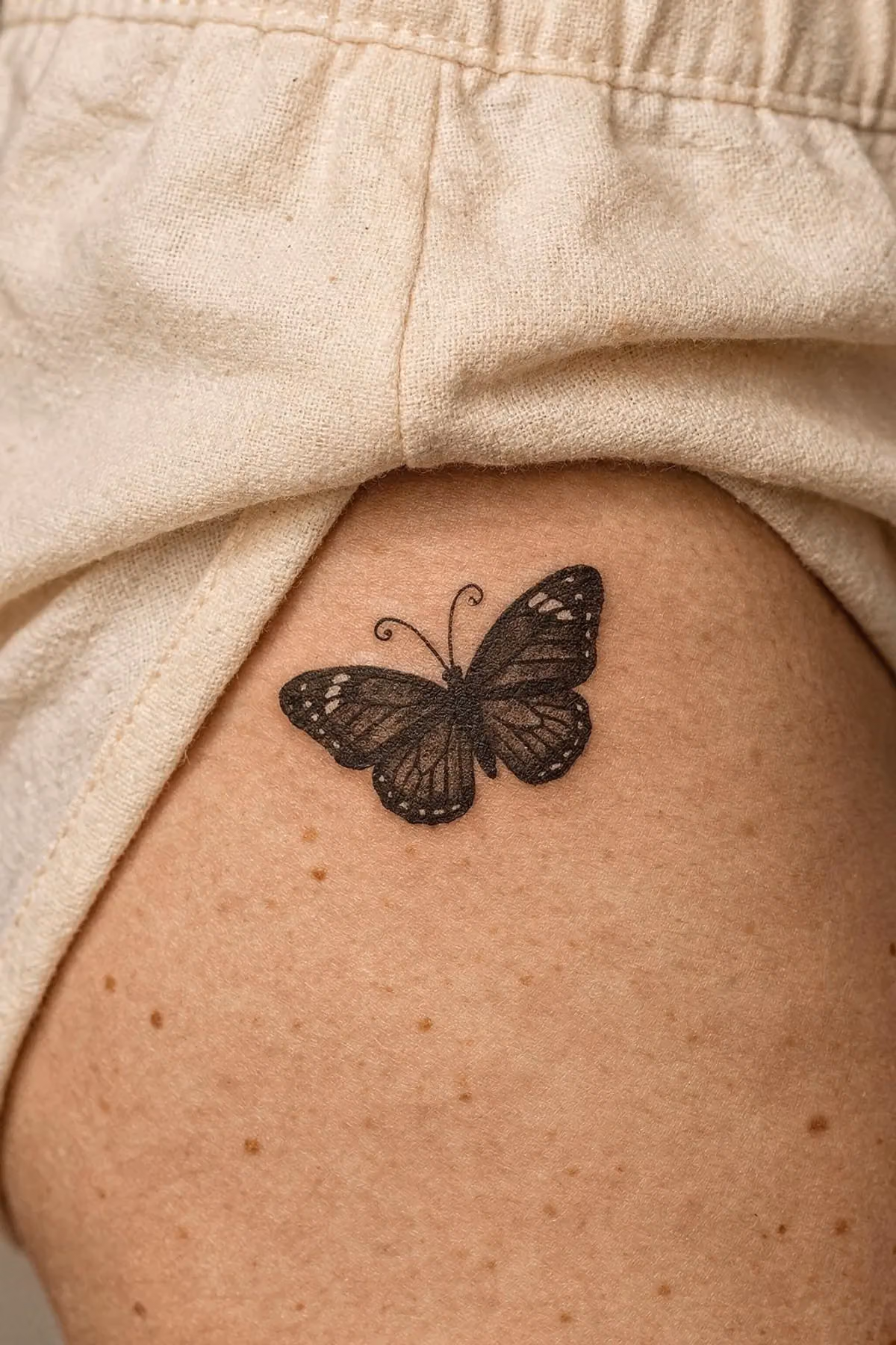 Winziges schwarzes Schmetterling-Tattoo mit weißen Highlights in der Hüftfalte.