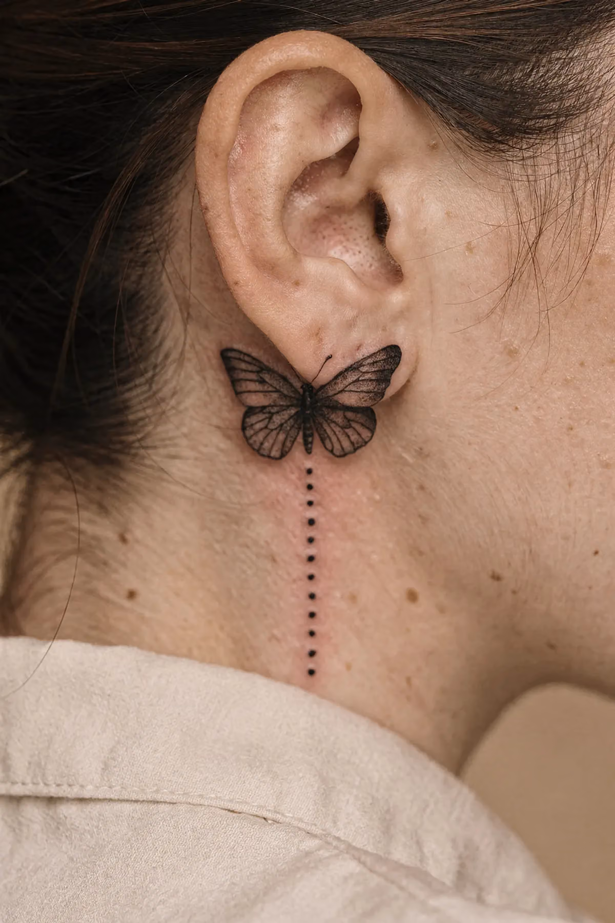 Schmetterlingstattoo hinterm Ohr, etwa anderthalb Fingern breit, mit gepunkteter Kettenlinie
