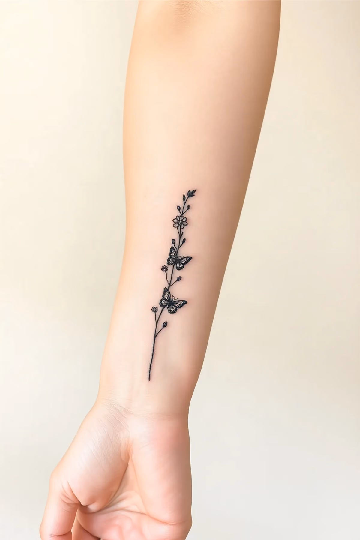 Feine Ranke mit Blüten und zwei Faltern, vom Handgelenk bis zur Ellenbeuge