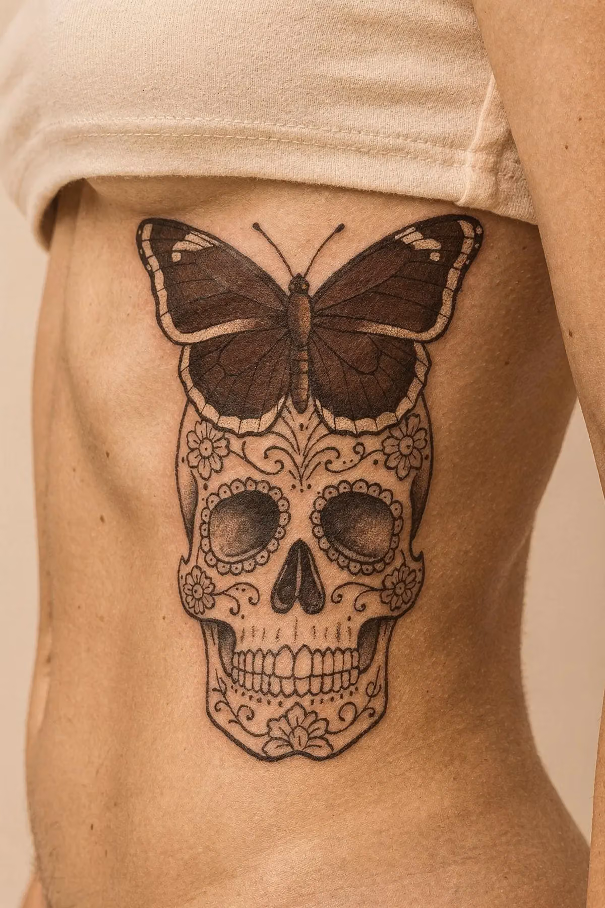 Ein seitliches Rippen-Tattoo: ornamentierter Zuckerschädel unter einem braunen Trauermantelfalter.