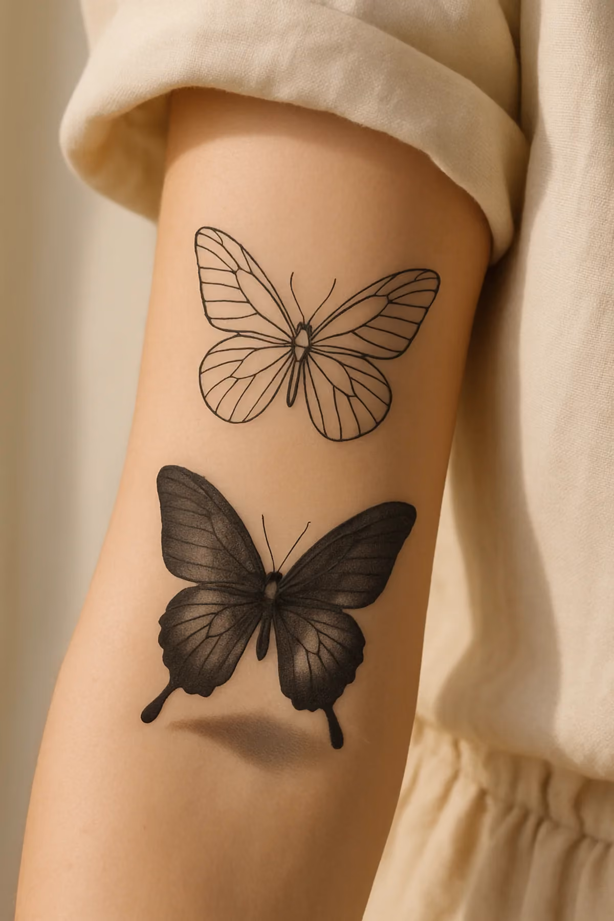 Zwei Falter übereinander: oben flach gezeichnet, unten plastisch mit Schatten