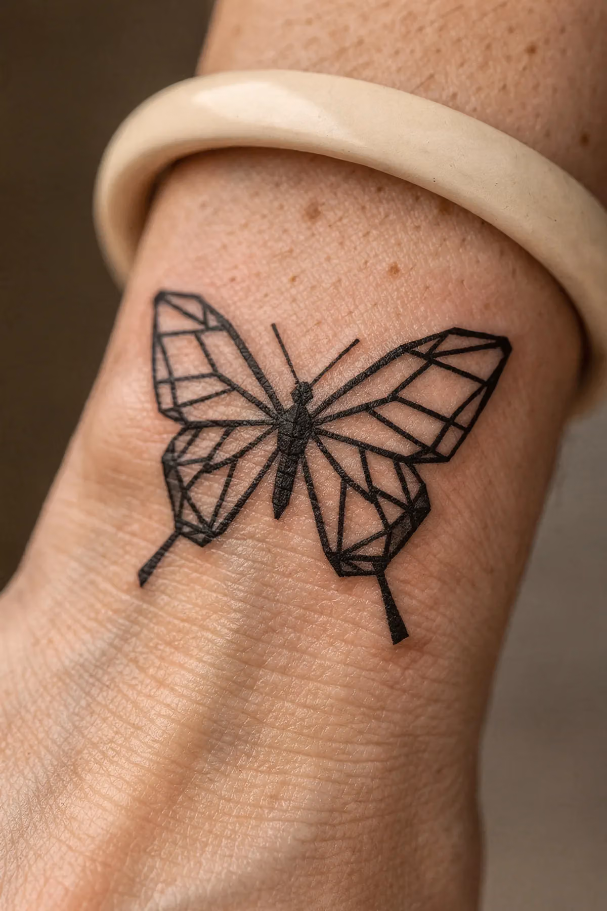 Geometrischer Schmetterling mit scharfen Linien, verbunden mit sauberem, serifenlosem Schriftzug.