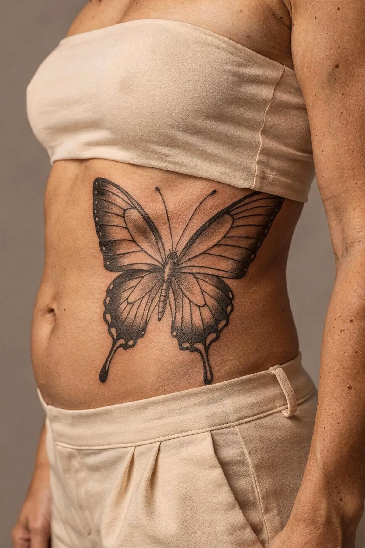 Großflächiger schwarzer Schmetterling von der Bauchmitte über die Taille bis unter die Rippen.