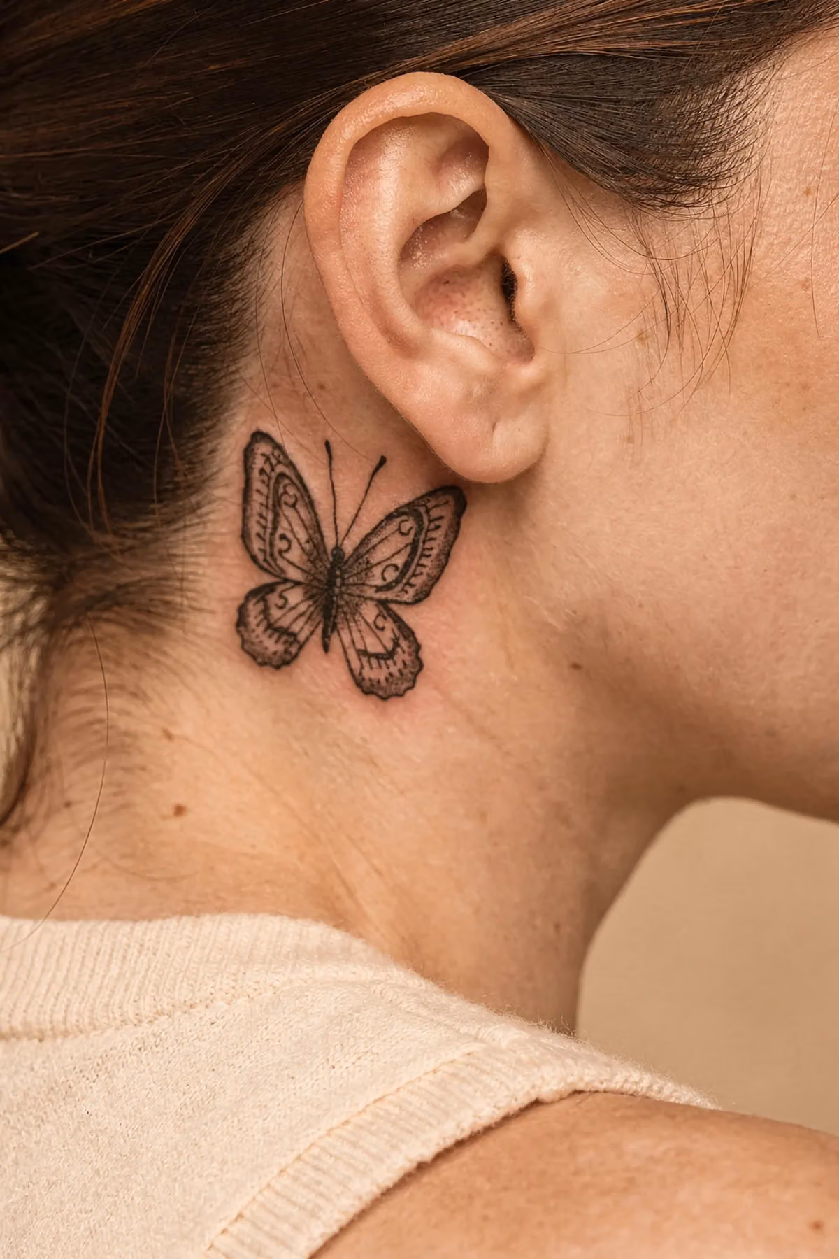 Verheiltes halbgeöffnetes Schmetterlings-Tattoo am Haaransatz hinter dem Ohr, zwei Fingern breit