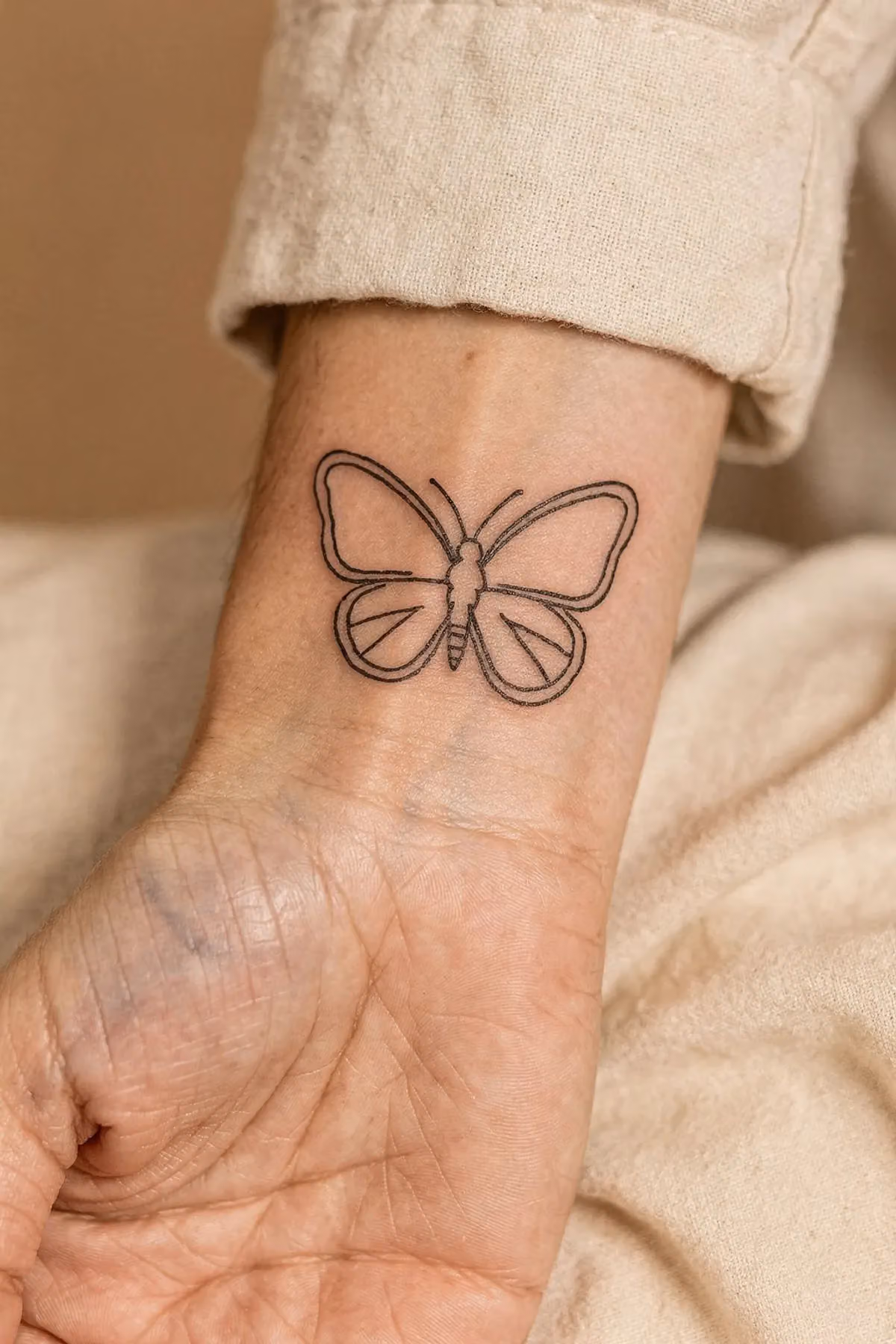 Ein feines Handgelenk-Tattoo aus dünnen Linien: Schmetterlingsumriss mit innenliegender Schädel-Silhouette.