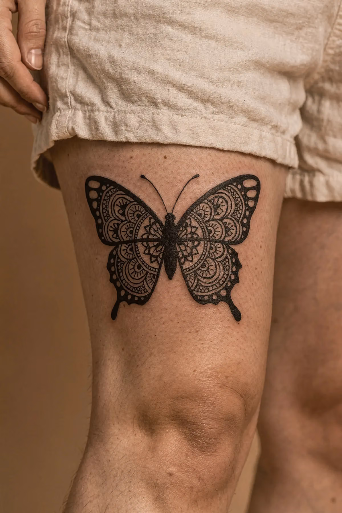Großes Schmetterlings-Tattoo auf dem Oberschenkel, dessen Flügel mit filigranen Mandala-Ornamenten gefüllt sind.
