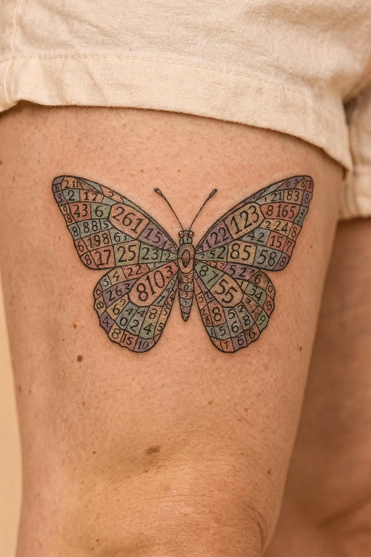 Schmetterling am Oberschenkel mit dichtem Ziffernmosaik als Flügelstruktur.