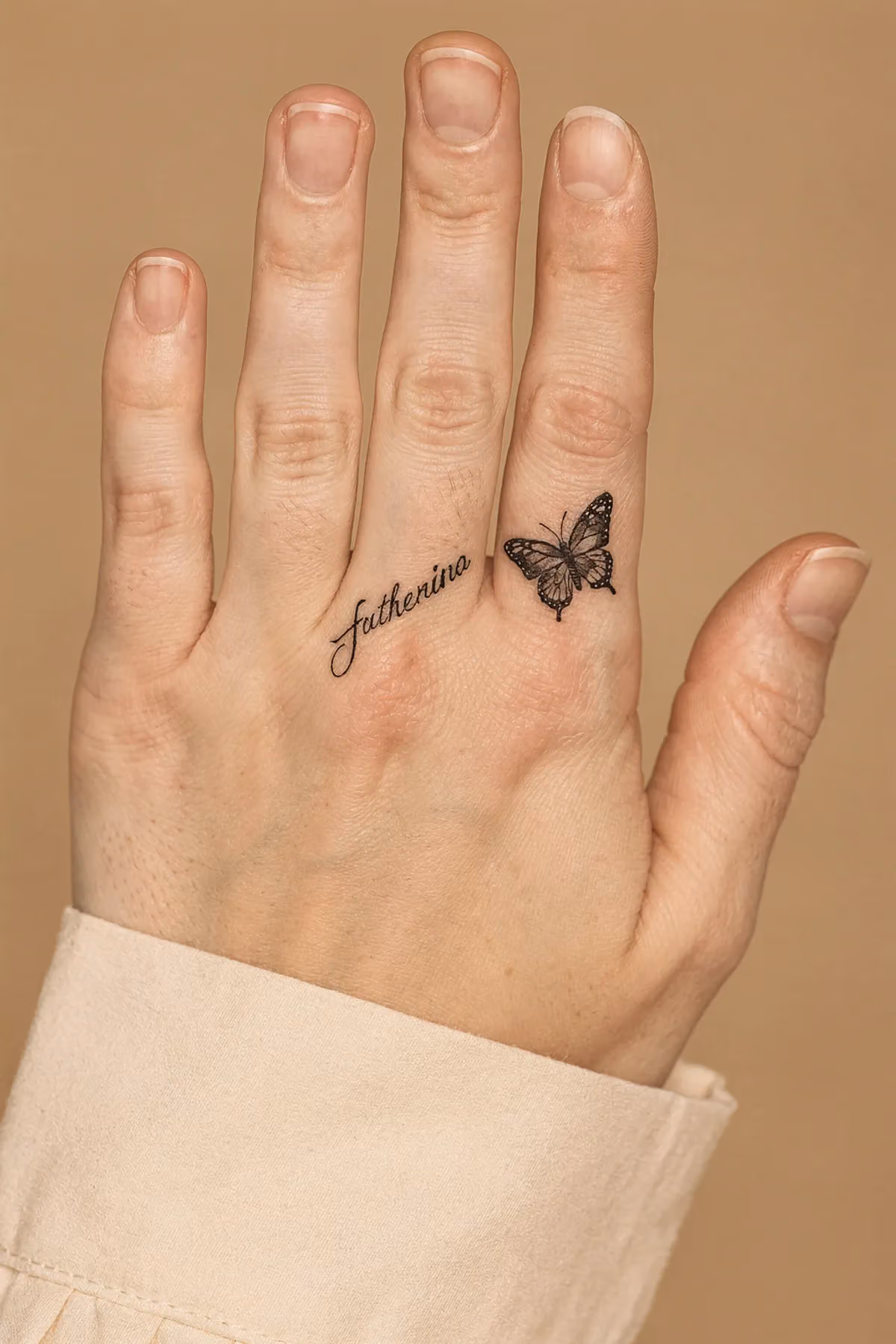 Rechte Hand, feines Script am Finger seitlich mit kleinem Schmetterling nahe Nagelbett.