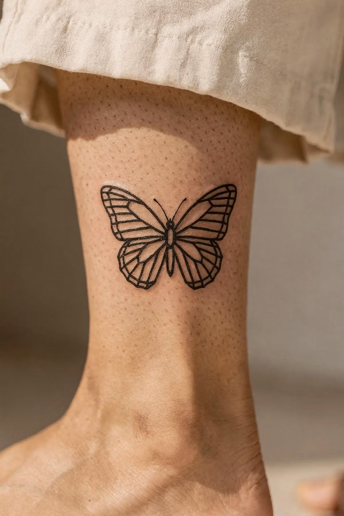 Ein Schmetterling auf der Wade, dessen Umriss aus einer einzigen durchgehenden Linie besteht.
