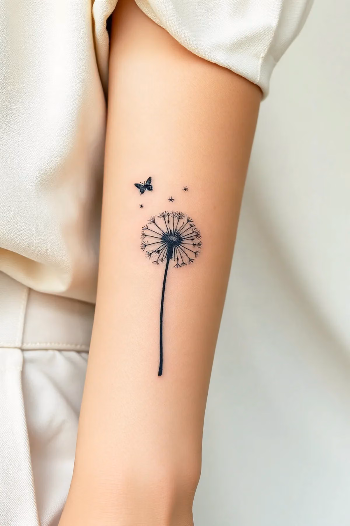 Fein gestochene Pusteblume am Innenarm, deren Kopf aus vielen dünnen Strahlen besteht