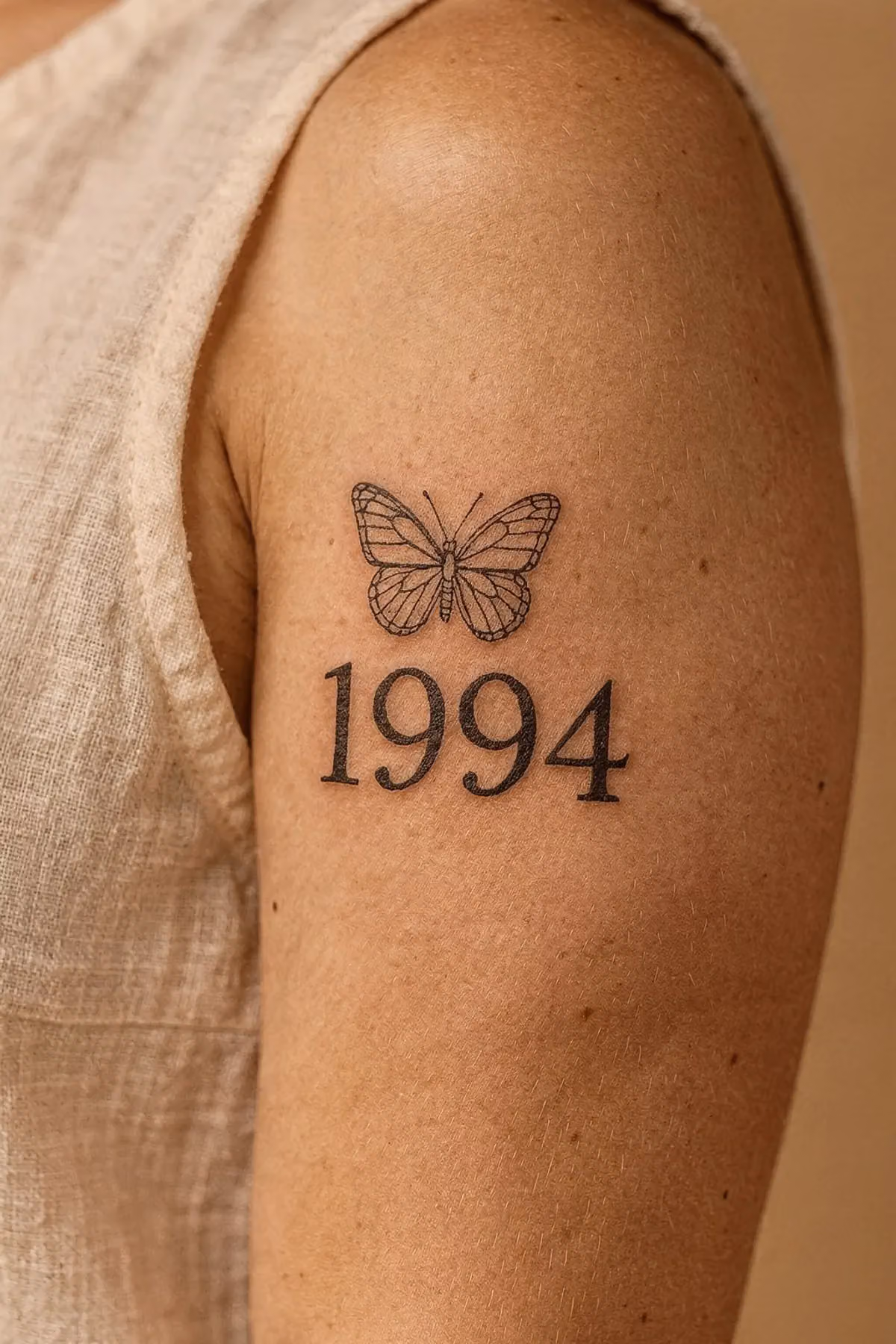 Schmetterling am inneren Oberarm, darunter eine vierstellige Zahl in schlichter Serifenschrift.