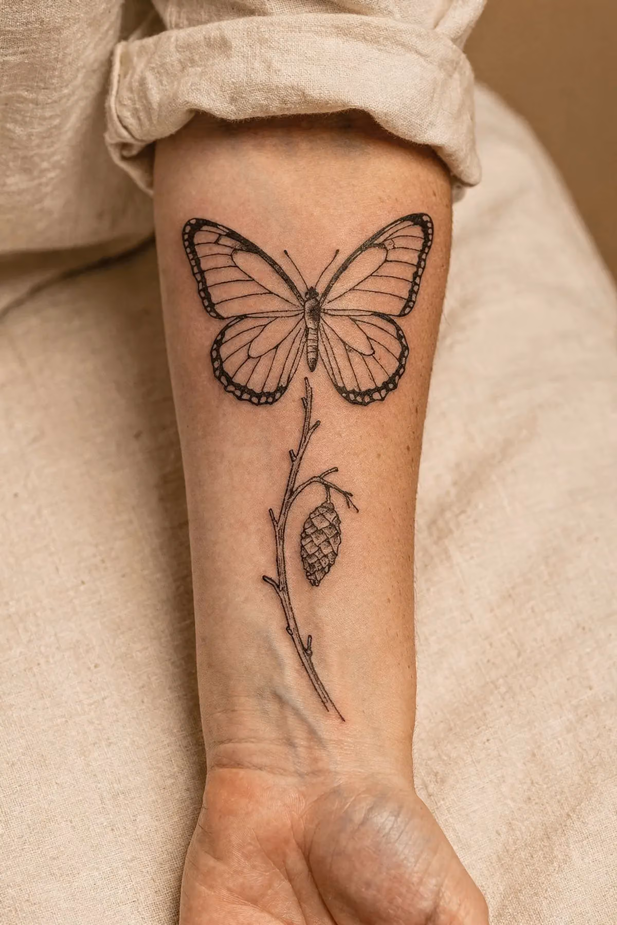 Fineline-Tattoo am Unterarm: ein geöffneter Schmetterling, darunter ein geschlossener Kokon an einem dünnen Zweig.