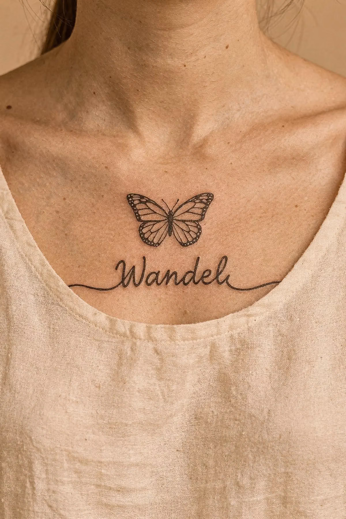 Schmetterling über dem Schriftzug „Wandel“ in feiner Schreibschrift, die in einer durchgehenden Linie ausläuft.