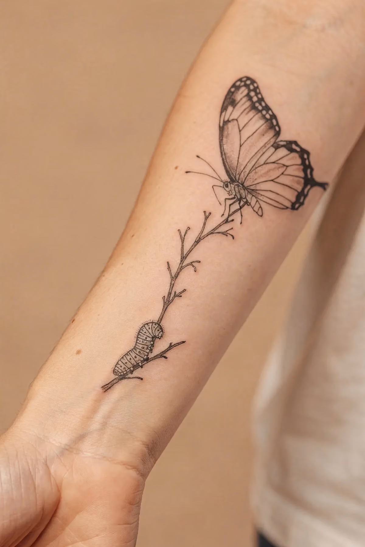 Fineline-Tattoo am Unterarm: eine Raupe auf einem Zweig geht nach oben in einen geöffneten Schmetterling über