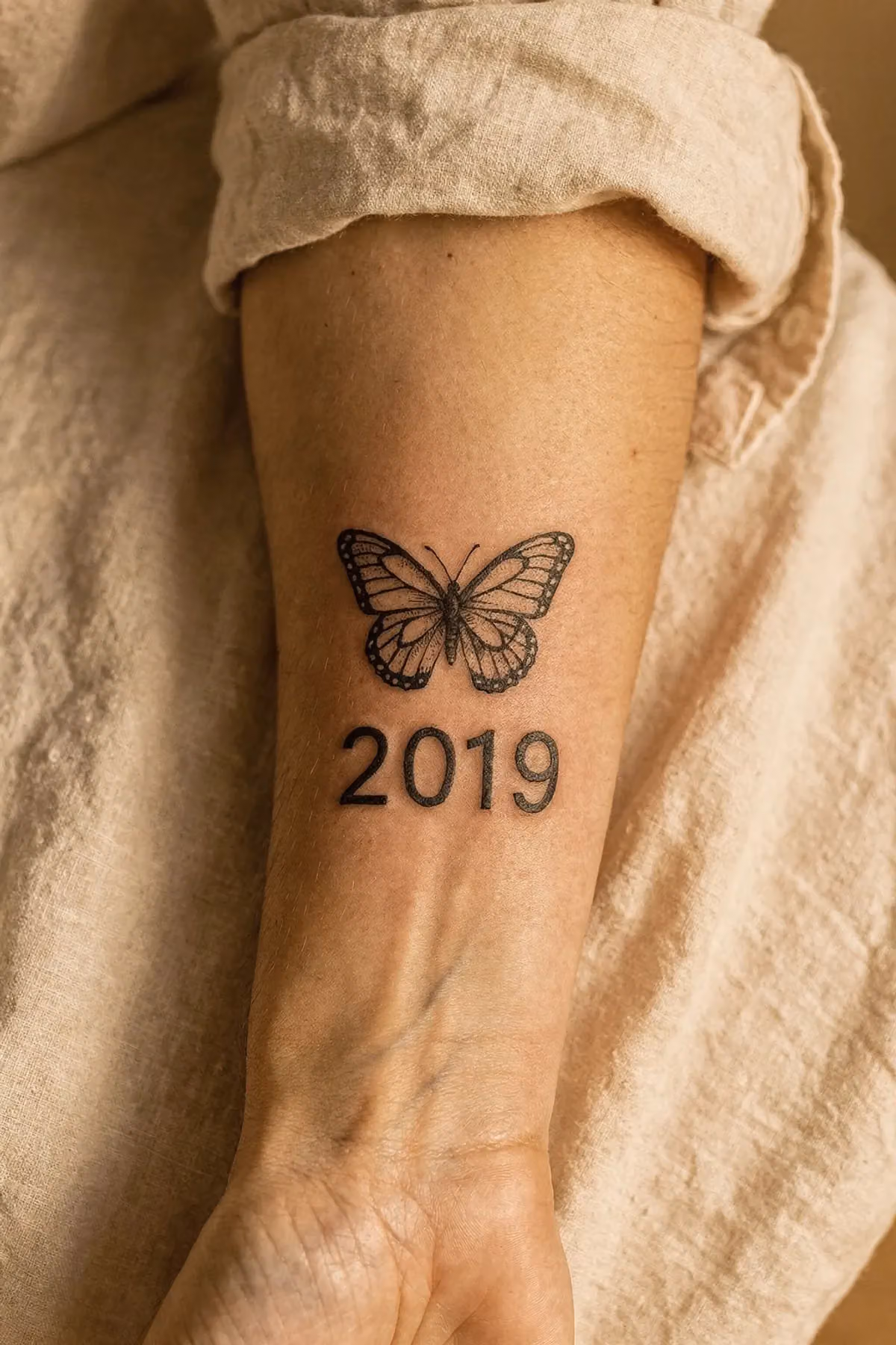 Kleiner Schmetterling am Unterarm, darunter eine vierstellige Jahreszahl in schlichter Groteskschrift.