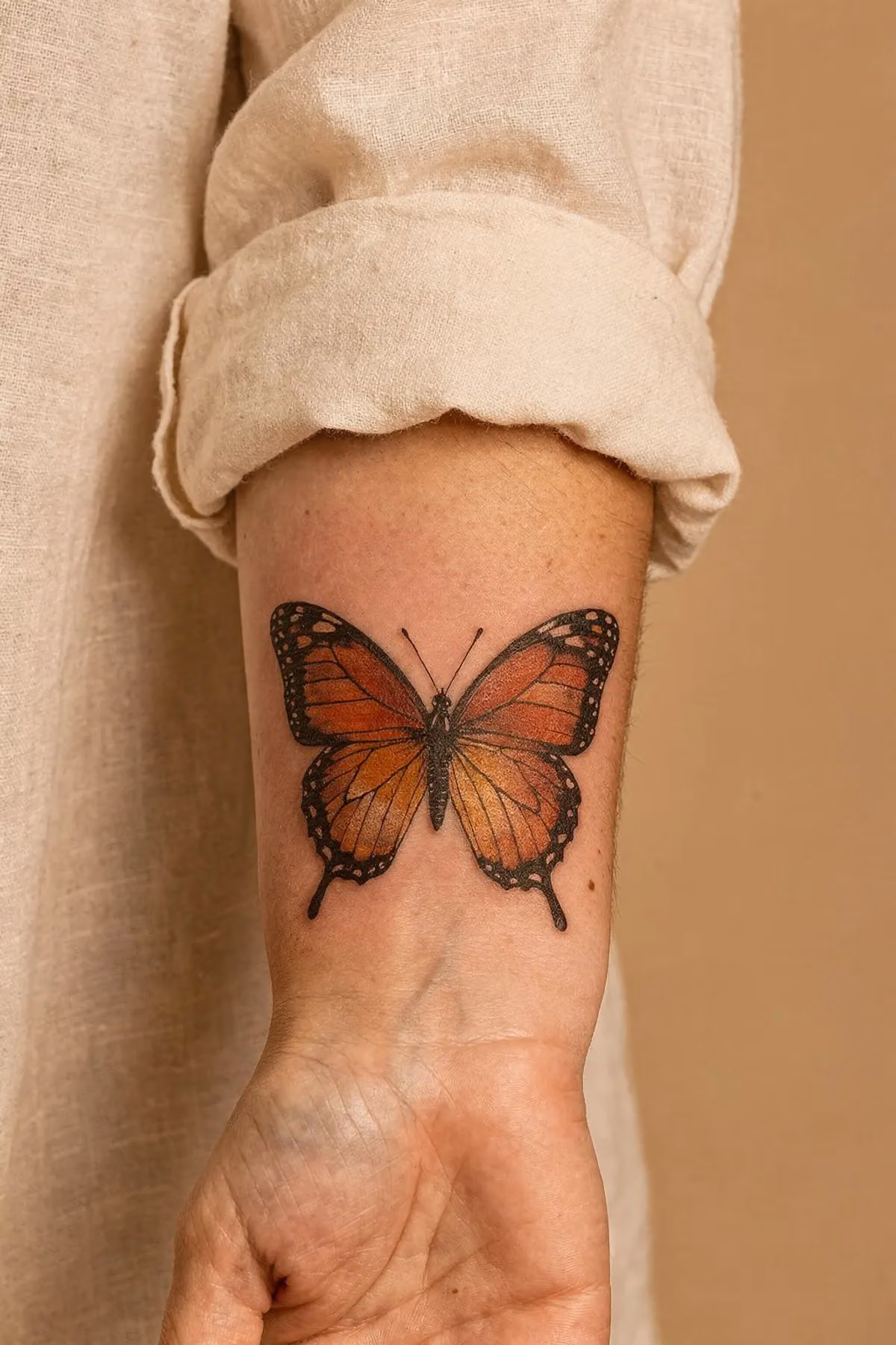 Schmetterling am Unterarm mit warmen Flügeln in Orange, Koralle und Bernstein, umrissen in feinem Schwarz.