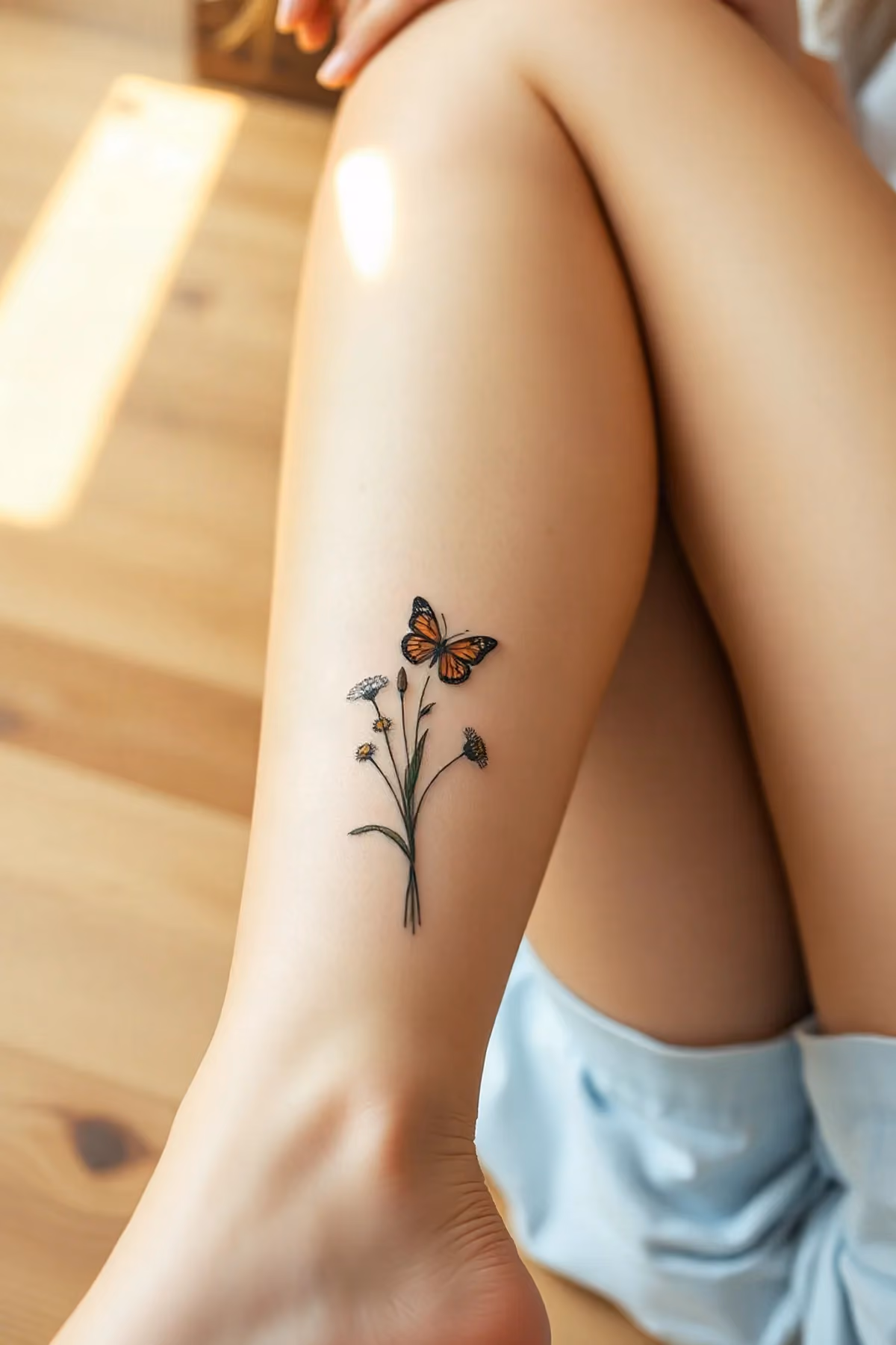 Lockere Wiesenblumen mit einem Falter an der Wade