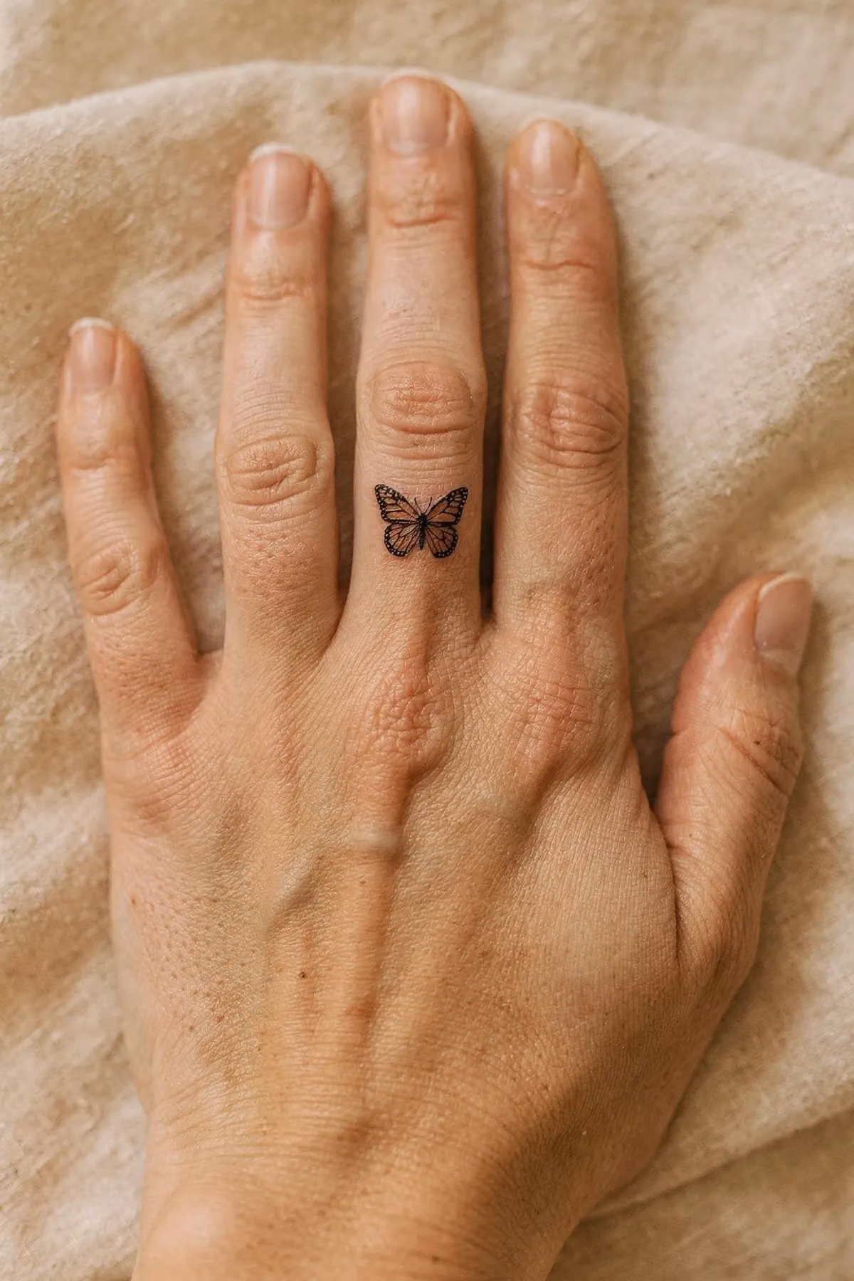 Sehr kleiner, fein gestochener Schmetterling am mittleren Fingerglied, Hand von oben.