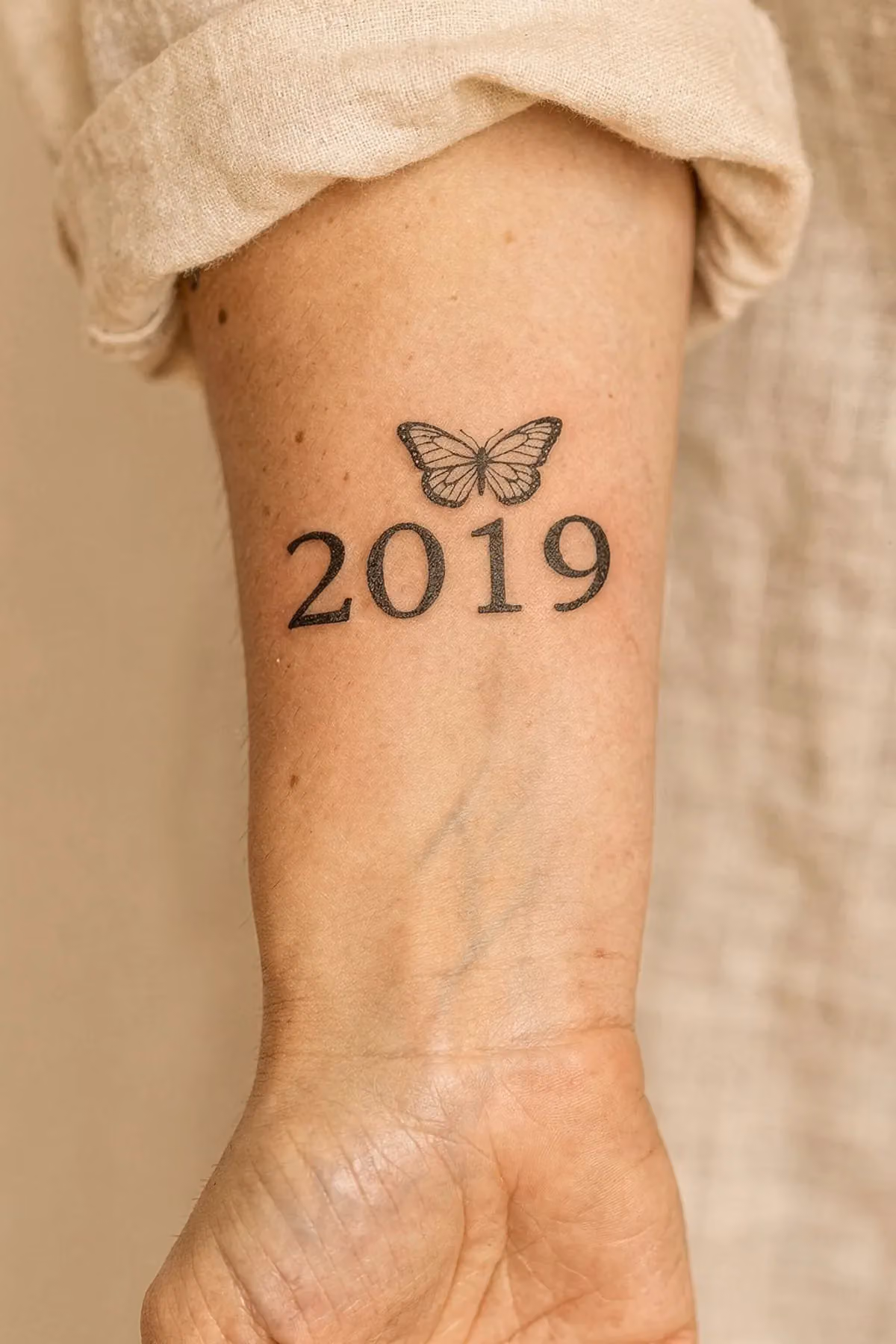 Kleiner Schmetterling über einer vierstelligen Jahreszahl, unterhalb der Ellenbeuge Richtung Handgelenk.