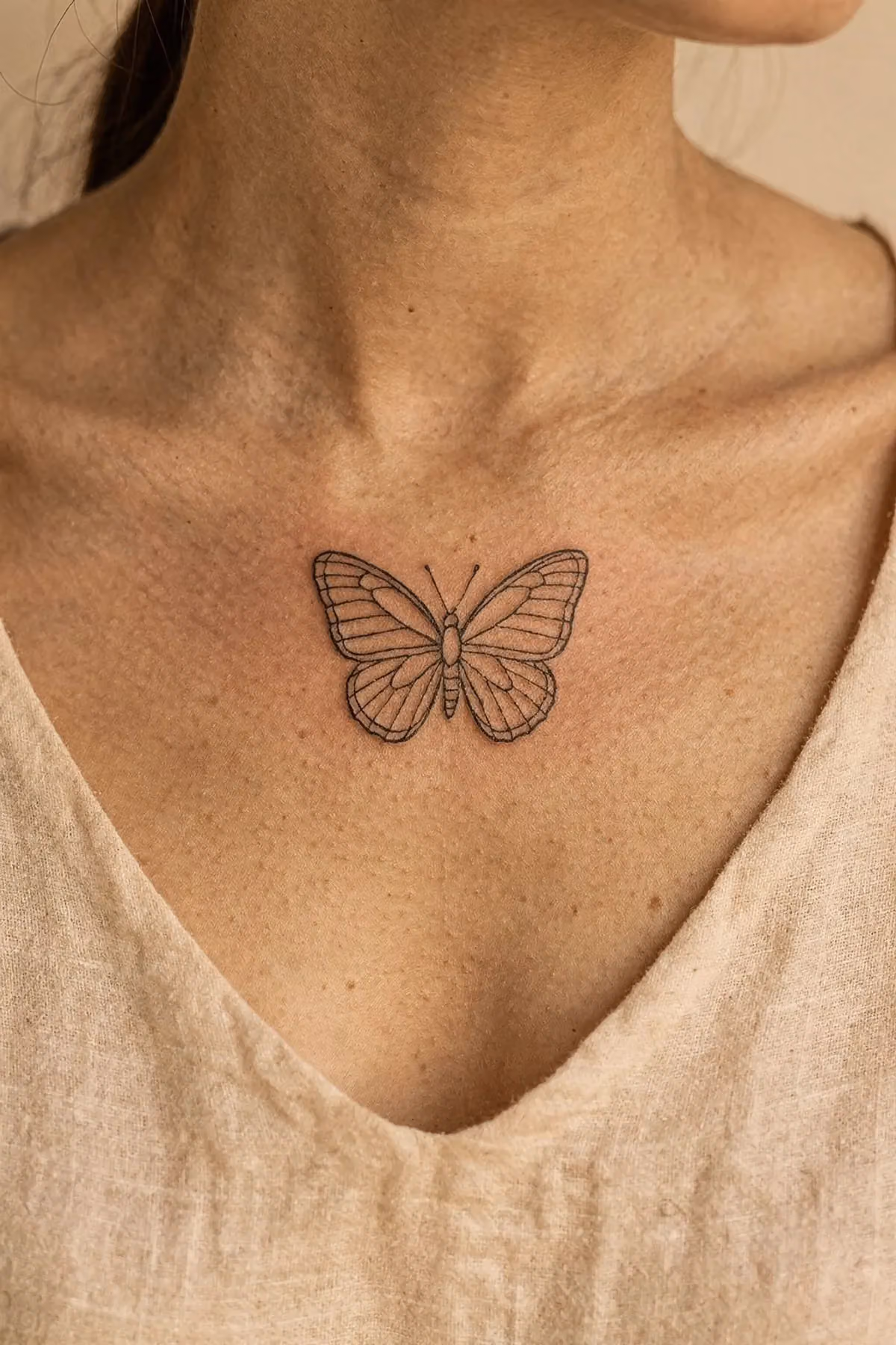 Schmetterling aus haarfeinen schwarzen Linien mittig auf der Brust, das Innere bleibt freie Haut.