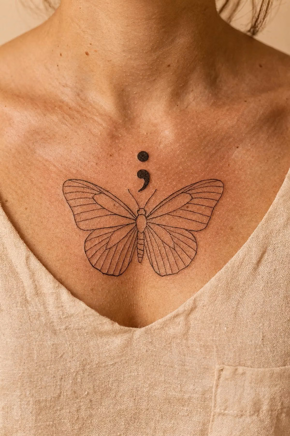 Schmetterling auf der Brust, darüber ein deutlich gesetztes Semikolon aus Punkt und Komma.